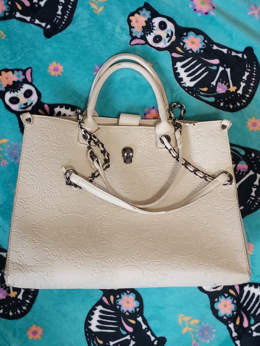 Betsey Johnson Cream Embossed Skull Tote with Chain Strap